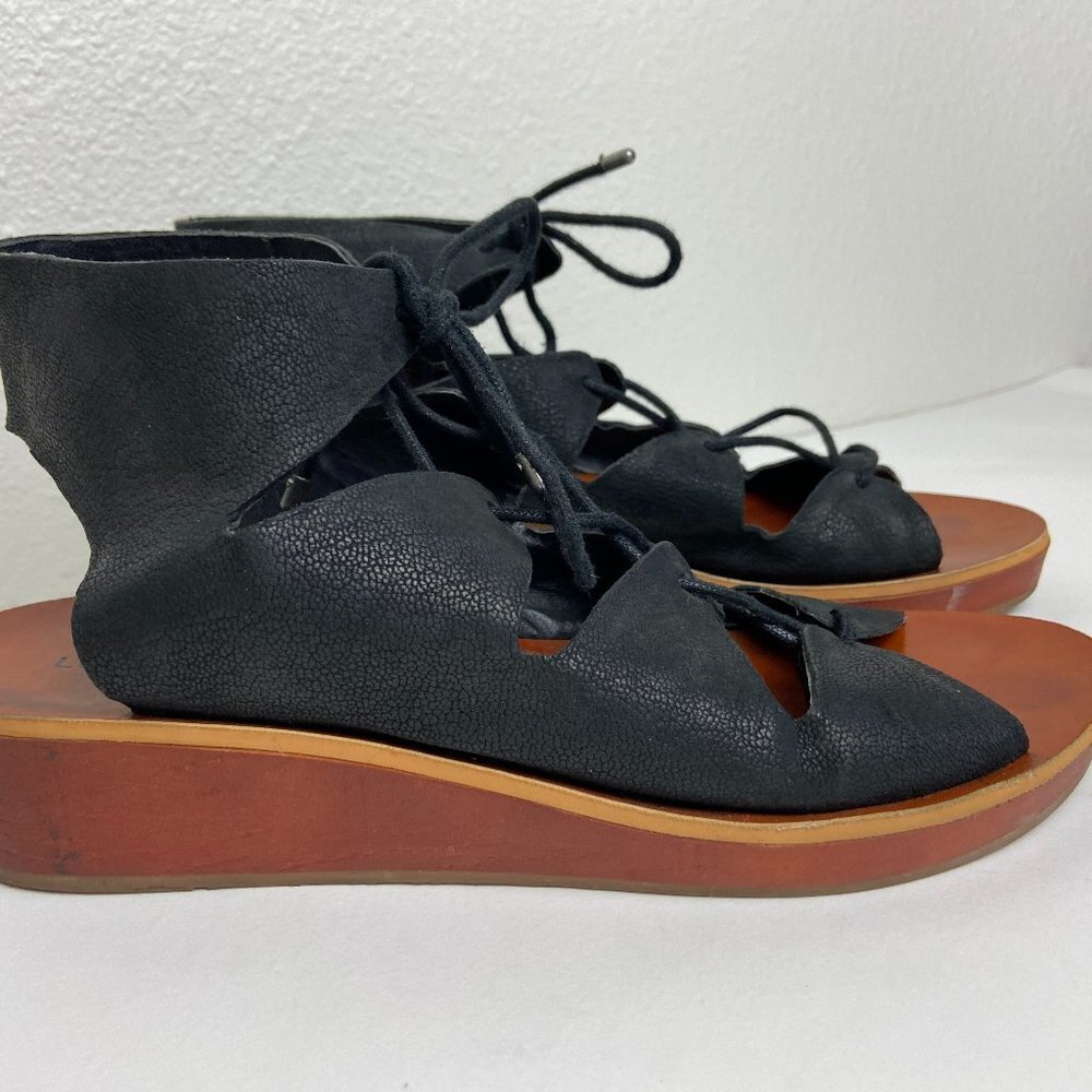 Lucky Brand  Black Leather Hipsta Gladiator Lace Up Wedge Sandals Size 10 - Picture 2 of 10